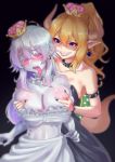  2girls absurdres artist_request behind_another black_background blonde_hair blue_earrings blue_eyes blush bowsette breast_grab breasts clenched_teeth collar crown detached_collar earrings frilled_collar frills grabbing heart heart-shaped_pupils highres horns jewelry large_breasts long_tongue luigi&#039;s_mansion mario_(series) midriff mini_crown multiple_girls navel new_super_mario_bros._u_deluxe nintendo nipples pink_eyes pointy_ears ponytail princess_king_boo red_brooch sharp_teeth silver_hair simple_background slit_pupils spiked_armlet spiked_collar spiked_shell spikes super_crown symbol-shaped_pupils teeth tongue tongue_out yuri 