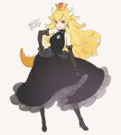  bare_shoulders black_dress black_footwear black_legwear blonde_hair bowsette bracelet breasts brown_gloves character_name collar commentary_request contrapposto crown dress earrings elbow_gloves full_body gloves grey_background high_heels highres horns jewelry large_breasts lizard_tail long_dress long_hair mario_(series) new_super_mario_bros._u_deluxe ooyari_ashito pantyhose red_eyes sideboob simple_background smile solo spiked_bracelet spiked_collar spikes standing super_crown tail thick_eyebrows 