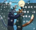  cat clothed clothing duo eirinblaise feline fully_clothed kissing leopard male male/male mammal o-ruff outside power_lines shocked signature snow snow_leopard snowflake snowing standing street_lamp surprise tree victory_(texdot) 