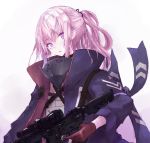  ar-15 bangs blue_jacket buran_(kure) commentary_request eyebrows_visible_through_hair finger_on_trigger girls_frontline gloves gun hair_between_eyes hair_ornament head_tilt high_collar highres holding holding_gun holding_weapon jacket long_hair looking_at_viewer object_namesake open_clothes open_jacket parted_lips pink_hair ponytail purple_eyes red_gloves rifle shirt sidelocks simple_background solo st_ar-15_(girls_frontline) upper_body weapon white_background white_shirt 