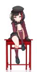  bang_dream! black_footwear black_gloves black_hair black_hat black_neckwear bob_cut chair desk frown gloves hand_on_own_knee hat knee_up kneehighs long_sleeves looking_at_viewer lost_one_no_goukoku_(vocaloid) miniskirt mitake_ran multicolored_hair neckerchief on_desk red_eyes red_hair red_legwear red_shirt school_chair school_desk school_uniform serafuku shipii_(jigglypuff) shirt shoes simple_background sitting sitting_on_desk skirt solo streaked_hair vocaloid white_background 