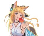  animal_ears blonde_hair braid breasts choker detached_sleeves fox_ears granblue_fantasy hair_ornament hair_ribbon japanese_clothes long_hair looking_at_viewer medium_breasts open open_mouth ribbon sideboob simple_background solo white_background yooguretto yuisis_(granblue_fantasy) 