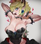 arm_behind_head arm_up armlet bare_shoulders black_leotard black_skirt blonde_hair blue_eyes blush bowsette bracelet breasts collar collarbone covered_navel crown drooling earrings gem grey_background groin hair_between_eyes hand_up heart high_ponytail highleg highleg_leotard hips horns jewelry large_breasts leotard looking_at_viewer mapyuhin_za_puremiyamu mario_(series) medium_hair new_super_mario_bros._u_deluxe open_mouth pointy_ears ponytail profile saliva sapphire_(stone) sharp_teeth sideways_glance simple_background skirt spiked_armlet spiked_bracelet spiked_collar spiked_shell spikes spoken_heart strapless strapless_leotard super_crown teeth thick_eyebrows tongue tongue_out turtle_shell v-shaped_eyebrows 
