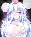  areola_slip areolae bangs blush boo breast_slap breasts cleavage crown dress embarrassed eyebrows_visible_through_hair ghost gloves hair_between_eyes hand_on_own_chest hand_over_eye hand_print highres long_hair looking_at_viewer luigi's_mansion mafuyu_keitou mario_(series) new_super_mario_bros._u_deluxe one_eye_closed pink_eyes princess_king_boo puffy_short_sleeves puffy_sleeves short_sleeves slap_mark super_crown tears tongue tongue_out white_dress white_gloves white_hair 