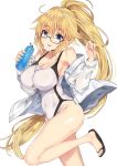  absurdres bespectacled bottle breasts commentary_request competition_swimsuit fate/grand_order fate_(series) glasses hair_flaps head_tilt highres hood hooded_jacket jacket jeanne_d'arc_(fate)_(all) jeanne_d'arc_(swimsuit_archer) large_breasts looking_at_viewer one-piece_swimsuit partial_commentary ponytail retsuto sandals simple_background solo standing standing_on_one_leg swimsuit tongue tongue_out water_bottle white_background white_jacket white_swimsuit 