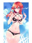  blush breasts collarbone day elesis_(elsword) elsword eyebrows_visible_through_hair food heart heart-shaped_pupils highres ice_cream ice_cream_cone medium_breasts navel open_mouth sky swimsuit symbol-shaped_pupils xes_(xes_5377) 