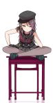  badge bang_dream! black_footwear black_gloves black_neckwear chair crossed_legs desk double-breasted earrings frown gloves green_eyes grey_legwear hand_on_own_leg hat jewelry leaning_forward long_hair looking_at_viewer lost_one_no_goukoku_(vocaloid) miniskirt neckerchief on_desk pantyhose red_hair school_chair school_desk school_uniform serafuku shipii_(jigglypuff) shoes simple_background sitting sitting_on_desk skirt sleeveless solo udagawa_tomoe vocaloid white_background 