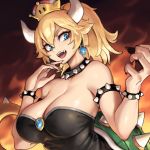  :d bare_shoulders blonde_hair blue_eyes bowsette bracelet breasts cleavage collar commentary crown earrings fangs fingernails hair_between_eyes hand_to_own_mouth horns jewelry large_breasts leotard long_fingernails long_hair mario_(series) new_super_mario_bros._u_deluxe oopartz_yang open_mouth ponytail sharp_fingernails smile solo spiked_armlet spiked_bracelet spiked_collar spikes super_crown tail upper_body 