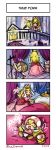  2boys 4koma balcony bed comic commentary dated dress elbow_gloves gloves long_hair lying mario_(series) microphone microphone_stand mina_cream multiple_boys new_super_mario_bros._u_deluxe on_back on_bed pink_dress princess_peach removing_headwear signature silent_comic smile super_crown toad toadsworth transformation waving white_gloves 
