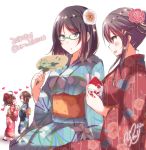  :d ahoge alternate_costume black_hair blue_eyes blue_kimono breasts brown_hair closed_eyes commentary_request dated fan flower food geta glasses green-framed_eyewear hair_flower hair_ornament hairclip haruna_(kantai_collection) heart hiei_(kantai_collection) holding holding_fan holding_food japanese_clothes kantai_collection kimono kirishima_(kantai_collection) kongou_(kantai_collection) large_breasts looking_at_another multiple_girls nanoha-h open_mouth red_eyes red_kimono shaved_ice short_hair simple_background smile spiked_hair tied_hair twitter_username white_background yukata yuri 