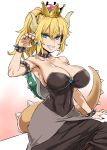  armlet armpits asanagi bare_shoulders black_dress black_nails blonde_hair blue_eyes bowsette bracelet breasts choker claw_pose cleavage collar collarbone commentary_request covered_navel crown dress earrings fingernails highres horns jewelry large_breasts long_hair looking_at_viewer mario_(series) mini_crown nail_polish new_super_mario_bros._u_deluxe open_mouth ponytail sharp_fingernails sharp_teeth sitting smile spiked_armlet spiked_bracelet spiked_choker spiked_collar spiked_shell spiked_tail spikes strapless strapless_dress super_crown super_mario_bros. tail teeth toned turtle_shell 