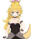  armlet bangs bare_shoulders black_dress blonde_hair blue_eyes blush bowsette bracelet breasts collar collarbone commentary_request crown dress earrings evil_grin evil_smile eyebrows_visible_through_hair grin hair_between_eyes hand_on_hip highres jewelry kiyomin long_hair mario_(series) medium_breasts mini_crown new_super_mario_bros._u_deluxe pointy_ears sharp_teeth simple_background smile solo spiked_armlet spiked_bracelet spiked_collar spiked_tail spikes strapless strapless_dress super_crown tail teeth v-shaped_eyebrows very_long_hair white_background 