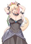  :p absurdres armlet armpits arms_up bangs black_dress blonde_hair blue_eyes blush bowsette bracelet breasts cleavage collar crown dress earrings eyebrows_visible_through_hair hair_between_eyes heart heart-shaped_pupils highres horns jewelry large_breasts long_hair looking_at_viewer mario_(series) new_super_mario_bros._u_deluxe pointy_ears sapphire_(stone) sash sharp_teeth simple_background solo spiked_bracelet spiked_collar spiked_tail spikes strapless strapless_dress super_crown symbol-shaped_pupils tail teeth tonbo tongue tongue_out turtle_shell white_background 