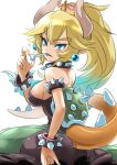  2018 alternate_species animal_humanoid big_breasts blonde_hair blue_eyes bowser bowsette_meme breasts butt_pose clothing collar crossgender crown female hair hi_res horn humanoid humanoidized japanese_text koopa krono_saurus long_hair mario_bros nintendo nipple_bulge pointy_ears scalie shell simple_background solo super_crown text video_games 