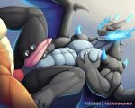  2018 3_fingers anal anal_penetration anthro charizard claws duo fire male male/male mega_charizard mega_charizard_x mega_evolution muscular muscular_male nintendo penetration pok&eacute;mon pok&eacute;mon_(species) precum primodrago red_eyes reptile scalie sharp_teeth simple_background spread_legs spreading teeth video_games wings 