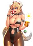  bikini bikini_top black_bikini black_leotard blonde_hair blue_eyes bowsette bracelet breasts brown_footwear collar collarbone cowboy_shot crown highres holding horns jewelry large_breasts leotard long_hair looking_at_viewer lucknight mario_(series) mushroom navel navel_cutout new_super_mario_bros._u_deluxe open_mouth pantyhose pointy_ears ponytail sharp_teeth shiny shiny_clothes simple_background smile solo spiked_bracelet spiked_collar spiked_tail spikes star strapless strapless_leotard super_crown swimsuit tail teeth white_background 