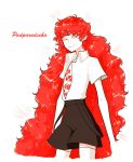  androgynous arinyac character_name colored_eyelashes crystal_hair elbow_gloves gem gem_uniform_(houseki_no_kuni) gloves highres houseki_no_kuni long_hair looking_at_viewer open_clothes open_shirt padparadscha_(houseki_no_kuni) red_eyes red_hair smile solo sparkle thighhighs very_long_hair wavy_hair white_background 