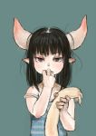  bare_shoulders black_hair blue_camisole brown_eyes camisole commentary_request ebimomo fingernails green_background hand_up holding horns looking_at_viewer original pointy_ears sharp_teeth simple_background solo strap_slip teeth upper_body 