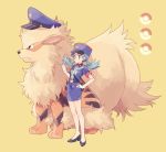  arcanine belt black_eyes black_footwear blue_eyes blue_hair blue_hat blue_jacket blue_skirt blush closed_mouth clothed_pokemon cosplay crystal_(pokemon) fang flat_chest full_body gloves hair_tie hand_on_hip hand_up hat high_heels holding jacket junsaa_(pokemon) junsaa_(pokemon)_(cosplay) komasawa_(fmn-ppp) pencil_skirt poke_ball_symbol pokemon pokemon_(anime) pokemon_(classic_anime) pokemon_(creature) pokemon_(game) pokemon_gsc police police_hat police_uniform policewoman pouch shoes short_sleeves side_slit simple_background skirt standing star tied_hair twintails uniform whistle white_gloves yellow_background 
