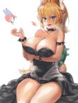  1girl bare_shoulders bk201 blonde_hair blue_eyes blush bowsette breast_hold breasts cabbie_hat cleavage crown dress earrings facial_hair fire hat horns jewelry large_breasts mario mario_(series) mustache new_super_mario_bros._u_deluxe nipple_slip nipples open_mouth panties pantyshot pointy_ears ponytail sharp_nails sharp_teeth simple_background sitting size_difference super_crown super_mario_bros. teeth thighs underwear white_background 