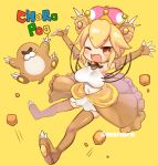  ;d arms_up bangs bare_shoulders blonde_hair blush boots breasts brown_eyes brown_footwear brown_gloves brown_legwear commentary_request covered_navel crown dress elbow_gloves eyebrows_visible_through_hair fingerless_gloves gloves hair_between_eyes large_breasts mario_(series) marshmallow_mille mini_crown monty_mole new_super_mario_bros._u_deluxe one_eye_closed open_mouth outstretched_arms sleeveless sleeveless_dress smile super_crown super_mario_world thigh_boots thighhighs twitter_username white_dress yellow_background 