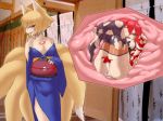 2girls akane_(card_quest) animal_ears ass belly camel_(dansen) card_quest dissolving_clothes female fox_ears fox_tail giantess green_eyes japanese_clothes multiple_girls multiple_tails obi red_hair sash short_hair tail tongue tongue_out torn_clothes vore wet 