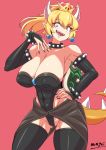  armlet ass_visible_through_thighs bangs bare_shoulders between_breasts black_legwear black_leotard black_nails blue_eyes blush bowsette bracelet breasts collarbone commentary_request covered_navel cowboy_shot crown earrings fingernails gem groin hair_between_eyes hand_on_hip hand_up high_ponytail highleg highleg_leotard highres hip_bones hips horns huge_breasts jewelry legs_apart leotard lizard_tail long_fingernails looking_at_viewer mario_(series) mayoi89g medium_hair nail_polish new_super_mario_bros._u_deluxe open_mouth pink_background pointy_ears ponytail sapphire_(stone) sharp_teeth short_pointy_ears sideboob signature simple_background smile spiked_armlet spiked_bracelet spiked_shell spikes standing strapless strapless_leotard super_crown tail teeth thick_thighs thighhighs thighs turtle_shell v-shaped_eyebrows wide_hips 