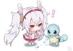  1girl :o animal_ears azur_lane bangs bubble bunny_ears camisole chibi commentary_request eyebrows_visible_through_hair gen_1_pokemon hair_between_eyes hair_ornament hairband jacket koko_ne_(user_fpm6842) laffey_(azur_lane) long_hair long_sleeves looking_at_viewer open_clothes open_jacket outstretched_arms parted_lips pink_jacket pleated_skirt pokemon pokemon_(creature) red_eyes red_hairband red_skirt sidelocks signature silver_hair skirt squirtle standing thighhighs twintails very_long_hair water white_background white_camisole white_legwear 