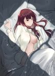  absurdres ass bangs bed_sheet blush breasts closed_mouth collared_shirt commentary eyebrows_visible_through_hair girls_frontline groin highres light_particles long_hair looking_at_viewer lying naked_shirt navel no_bra on_back on_bed purple_hair red_eyes shade sheet_grab shirt sidelocks signature solo squiggle stigmamyu stomach tsurime under_covers wa2000_(girls_frontline) white_shirt 