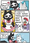  2018 ambiguous_gender anthro apron black_fur canine changed_(video_game) clothed clothing comic dress english_text eyes_closed fchicken fur goo_creature happy humor lin_(changed) mammal mask monster puro_(changed) sweat text white_fur wolf 