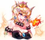  armlet artist_name bare_shoulders black_dress black_nails blonde_hair blue_eyes bowsette bracelet breasts cleavage collar commentary_request crown dress earrings fingernails fire fireball hand_to_own_mouth horns jewelry lapia laughing looking_at_viewer mario_(series) nail_polish new_super_mario_bros._u_deluxe pointy_ears sharp_fingernails sharp_teeth spiked_armlet spiked_bracelet spiked_collar spiked_shell spikes strapless strapless_dress super_crown symbol-shaped_pupils teeth turtle_shell 
