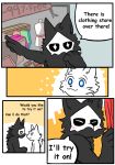  2018 ambiguous_gender anthro black_fur blue_eyes blush canine changed_(video_game) clothing comic duo english_text fchicken fluffy fur lin_(changed) mall mammal mask puro_(changed) text white_fur wolf 