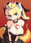  2018 alternate_species animal_humanoid bare_shoulders blonde_hair blue_eyes blush bowser bowsette_meme breasts cleavage clothed clothing collar crossgender crown ear_piercing fangs female hair horn humanoid humanoidized koopa long_hair mario_bros mushroom nintendo piercing pointy_ears saebashi scalie smile solo spiked_armlet spiked_collar spikes super_crown video_games wristband 