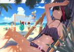  5girls arm_up armpits bang_dream! bangs bare_arms bare_shoulders beach beach_volleyball bikini black_bikini black_choker black_hair blonde_hair blue_hair blue_hawaii blue_sky blurry blurry_background breasts brown_hair choker cleavage cloud cloudy_sky collarbone commentary_request condensation_trail day deck_chair depth_of_field drink drinking_straw eyes_closed flower halterneck hand_on_own_head horizon hurricane_glass knee_up medium_breasts midair mitake_ran multicolored_hair multiple_girls nail_polish navel ocean outdoors palm_tree parted_lips plant poligon_(046) reclining red_hair red_nails short_hair sidelocks sky sleeping solo_focus star stomach streaked_hair swimsuit table tree tree_shade tropical_drink volleyball volleyball_net water white_flower 