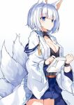  animal_ears azur_lane bangs blue_background blue_skirt breasts cleavage closed_mouth cowboy_shot eyebrows_visible_through_hair fox_ears fox_girl fox_tail gradient gradient_background holding holding_paper japanese_clothes kaga_(azur_lane) kimono kitsune long_sleeves looking_away medium_breasts multiple_tails myuton open_clothes open_kimono paper short_hair silver_hair skirt solo tail tail_raised white_background white_kimono wide_sleeves 