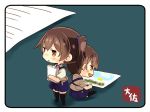  artist_name back-to-back black_legwear blue_hakama book border brown_hair chibi child_drawing desk dual_persona full_body hakama hakama_skirt indoors japanese_clothes kaga_(kantai_collection) kantai_collection long_hair minigirl multiple_girls on_desk open_mouth paper rounded_corners side_ponytail sitting smile standing taisa_(kari) tasuki thighhighs white_border yellow_eyes 