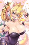  :3 armlet bangs bare_shoulders black_nails black_skirt blonde_hair blue_eyes blush bowsette bracelet breasts breathing_fire claw_pose collar collarbone commentary_request confetti crown eyebrows_visible_through_hair fangs fingernails fire flame from_side gem grey_legwear hair_between_eyes hands_up head_tilt high_ponytail highleg highleg_leotard highres horns jewelry kamiya_zuzu large_breasts leotard lizard_tail long_fingernails long_hair looking_at_viewer looking_to_the_side mario_(series) nail_polish new_super_mario_bros._u_deluxe open_mouth pantyhose parted_bangs pink_background pointy_ears ponytail print_skirt sapphire_(stone) see-through sharp_teeth short_pointy_ears sideboob sidelocks skirt smile spiked_armlet spiked_bracelet spiked_collar spiked_shell spiked_tail spikes standing strapless strapless_leotard striped striped_background super_crown tail teeth translation_request turtle_shell upper_body white_background 