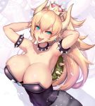  2d armlet armpits bare_shoulders black_dress blonde_hair bowsette bracelet breasts cleavage collar commentary_request crown dress earrings eyebrows_visible_through_hair green_eyes hair_between_eyes horns jewelry large_breasts long_hair mario_(series) new_super_mario_bros._u_deluxe ponytail reflection sharp_teeth spiked_bracelet spiked_collar spiked_shell spikes strapless strapless_dress super_crown teeth tongue tongue_out turtle_shell 