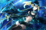  ahoge artoria_pendragon_(all) black_gloves black_hat black_legwear black_panties black_shorts blonde_hair blue_cape blue_eyes cape crop_top elbow_gloves fate/grand_order fate_(series) fingerless_gloves flat_chest floating_hair getsuyoubi gloves hair_between_eyes hat highleg highleg_panties highres holding holding_sword holding_weapon long_hair looking_at_viewer midriff mysterious_heroine_x navel night outdoors panties parted_lips ponytail short_shorts shorts solo stomach sword thighhighs underwear weapon 