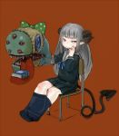  bangs black_legwear black_serafuku black_shirt black_skirt blue_neckwear blue_ribbon blunt_bangs commentary_request crossed_legs curled_horns demon_girl demon_horns demon_tail ebimomo grey_hair grey_sailor_collar hand_up horns long_hair long_sleeves looking_away neck_ribbon original oversized_forearms oversized_limbs pleated_skirt red_background red_eyes ribbon sailor_collar school_uniform serafuku shirt simple_background sitting skirt socks solo tail 