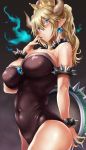  absurdres arm_behind_back armlet armpit_crease bangs bare_shoulders black_background black_leotard black_nails blonde_hair blue_eyes blue_fire blush bowsette bracelet breasts breathing_fire cleavage collar colored_eyelashes commentary_request covered_navel covered_nipples cowboy_shot crown earrings eyebrows_visible_through_hair eyes_visible_through_hair fingernails fire flame from_side gem hair_between_eyes hand_to_own_mouth hand_up high_ponytail highres hikari_(komitiookami) holding horns impossible_clothes impossible_leotard jewelry large_breasts leotard long_fingernails long_hair looking_at_viewer mario_(series) md5_mismatch nail_polish navel new_super_mario_bros._u_deluxe o3o parted_bangs pointy_ears ponytail pursed_lips sapphire_(stone) sharp_teeth shiny shiny_skin short_pointy_ears sideboob sideways_glance simple_background skin_tight smile solo spiked_armlet spiked_bracelet spiked_collar spiked_shell spikes standing steam strapless strapless_leotard super_crown teeth turtle_shell 