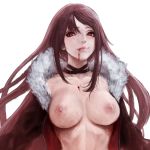  1girl blood blood_on_face breasts brown_hair cleavage consort_yu_(fate) fate/grand_order fate_(series) fur_trim long_hair looking_at_viewer mao_san nipples red_eyes simple_background slit_pupils solo tongue tongue_out white_background 