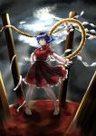  commentary_request dark_sky dress expressionless hand_on_hip hara highres long_sleeves looking_at_viewer onbashira purple_hair red_eyes rope rope_belt sandals shimenawa snake touhou waraji yasaka_kanako 