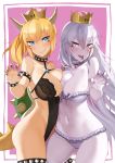  ass_visible_through_thighs blonde_hair blue_eyes blush bowsette bra bracelet breast_press breasts cleavage collar commentary cowboy_shot earrings eyebrows_visible_through_hair fingernails grin hair_between_eyes highres horns jewelry large_breasts lavender_hair leotard lingerie long_hair looking_at_viewer luigi's_mansion mario_(series) multiple_girls nail_polish navel new_super_mario_bros._u_deluxe pale_skin panties pointy_ears ponytail princess_king_boo purple_bra purple_eyes purple_panties sharp_fingernails sharp_teeth smile spiked_armlet spiked_bracelet spiked_collar spikes super_crown symmetrical_docking tail teeth throtem tongue tongue_out underwear underwear_only very_long_hair 