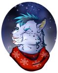  2016 anthro balco biped blep feline fur hair leopard male mammal one_eye_closed scarf snow snow_leopard snowflake snowing tongue tongue_out victory_(texdot) winter 