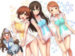  4girls bangs bare_legs black_hair blue_neckwear blunt_bangs blush breasts brown_hair buttons closed_mouth clothes_writing collarbone commentary_request dress_shirt eyebrows_visible_through_hair green_eyes grey_skirt highres honda_mio houjou_karen idolmaster idolmaster_cinderella_girls kamiya_nao kezune_(i-_-i) large_breasts long_sleeves looking_at_viewer medium_breasts miniskirt multiple_girls naked_shirt necktie open_mouth outstretched_arm pleated_skirt ponytail red_eyes school_uniform shibuya_rin shirt shirt_tug short_hair short_sleeves simple_background skirt smile snowflake_print socks standing striped striped_neckwear t-shirt thick_eyebrows wavy_hair white_background white_shirt yellow_eyes 