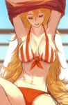  1girl armpits bikini blonde_hair breasts cleavage dishwasher1910 eyes_closed hair_ornament highres large_breasts long_hair navel rwby sketch solo striped striped_bikini swimsuit vertical_stripes very_long_hair yang_xiao_long 