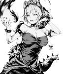  absurdres artist_name bare_shoulders bowsette bracelet breasts cleavage collar commentary_request crown dated dress fireball greyscale highres horns jewelry jun2 looking_at_viewer mario_(series) monochrome new_super_mario_bros._u_deluxe sharp_teeth simple_background solo spiked_bracelet spiked_collar spikes super_crown tail teeth 