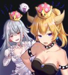  absurdres alpha_(ypalpha79) bangs bare_shoulders blonde_hair blue_eyes blush boo bowsette bracelet breasts cleavage collar crown dress earrings eyebrows_visible_through_hair ghost_pose gloves hair_between_eyes highres horns jewelry large_breasts long_hair looking_at_viewer luigi's_mansion mario_(series) multiple_girls new_super_mario_bros._u_deluxe open_mouth ponytail princess_king_boo sharp_teeth shell short_sleeves silver_hair smile spiked_bracelet spiked_collar spikes super_crown teeth tongue tongue_out white_dress white_gloves white_hair 