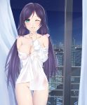  bare_shoulders blush bottomless breasts building cleavage collarbone commentary_request curtains dress_shirt finger_to_mouth green_eyes hair_ornament hair_scrunchie highres large_breasts long_hair looking_at_viewer love_live! love_live!_school_idol_project naked_shirt night night_sky no_bra off_shoulder purple_hair scrunchie shirt sky skyline skyscraper solo thigh_gap toujou_nozomi twintails user_mnwn3283 very_long_hair white_shirt window 